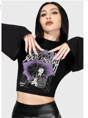 Killstar NWT Wednesday Adams Bell Sleeve Crop Top Size Large